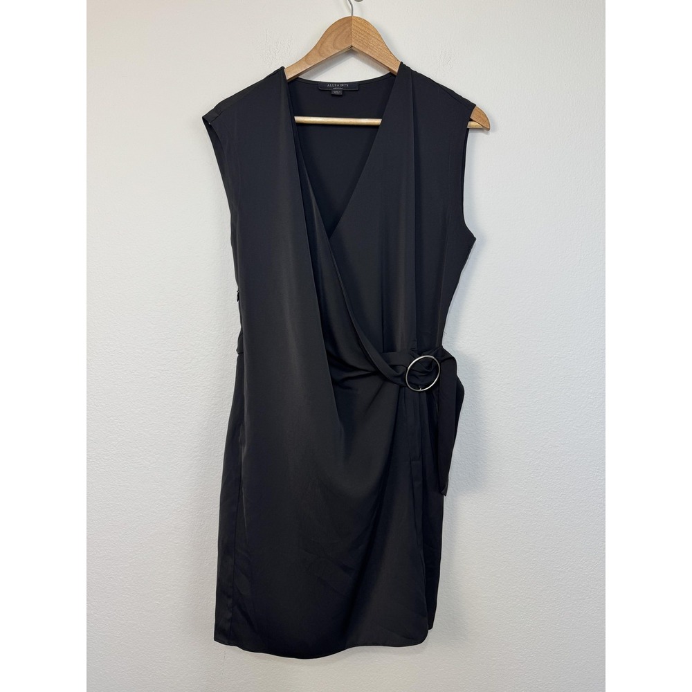 AllSaints Callie Wrap Dress Women's Medium Black V Neck Belted Knee Length